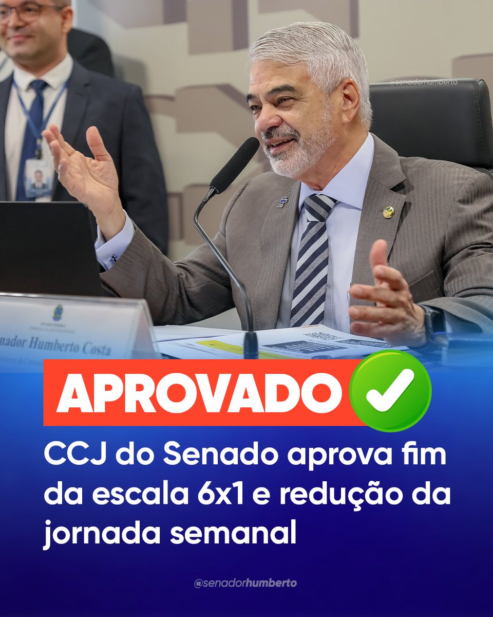 senadorhumberto's tweet photo. Os trabalhadores brasileiros tiveram uma grande vitória! Na CCJ, aprovamos a PEC do @paulopaim, que se soma ao esforço feito na Câmara pela deputada @ErikakHilton, para acabar com a escala 6 X 1, sem redução de salário. Seguimos a luta agora no plenário do Senado! 👊 https://t.co/NkKA0bBJCx