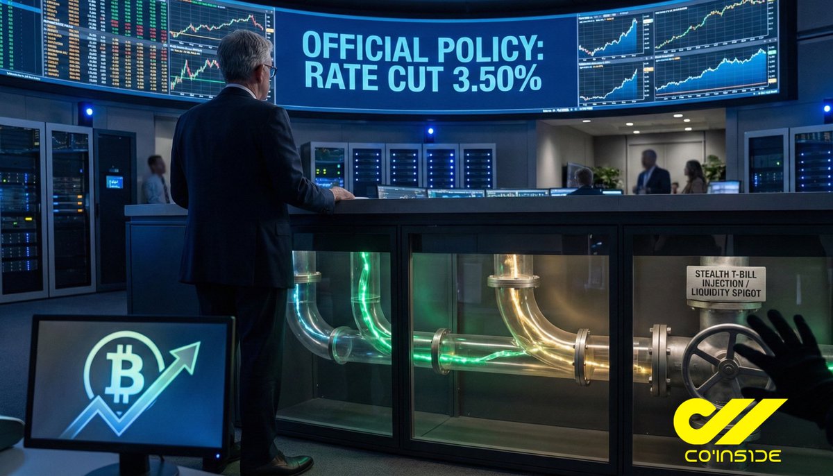 CoInsideAgency's tweet photo. The FED cut rates to 3.50%, but the real bombshell is hidden on page 2 of the statement. 💣

Powell admitted inflation remains "somewhat elevated," yet cut rates anyway out of fear of a recession. The committee is totally fractured with record dissent.
But here is the alpha: They are kicking off Treasury bill purchases under the guise of maintaining "ample reserves."

The market hasn't fully woken up to this yet, but the FED just quietly turned on the money spigot (Stealth QE). 💸

Where do you see this liquidity injection taking #Bitcoin in early 2026? 👇

#FED #Crypto #Economy #Coinside #FOMC