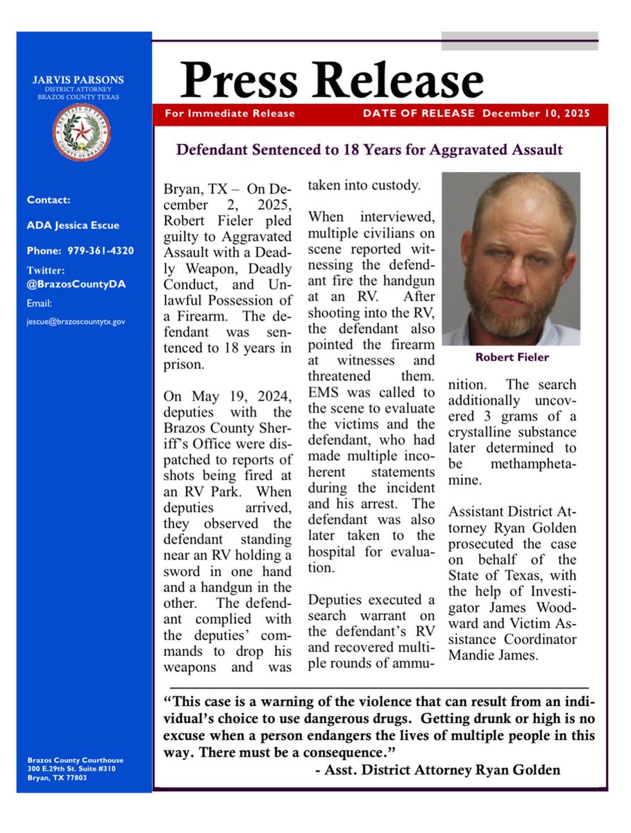 BrazosCountyDA's tweet photo. “This case is a warning of the violence that can result from an individual’s choice to use dangerous drugs.  Getting drunk or high is no excuse when a person endangers the lives of multiple people in this way. There must be a consequence.” - Asst District Attorney Ryan Golden https://t.co/KXmedf5S8Q