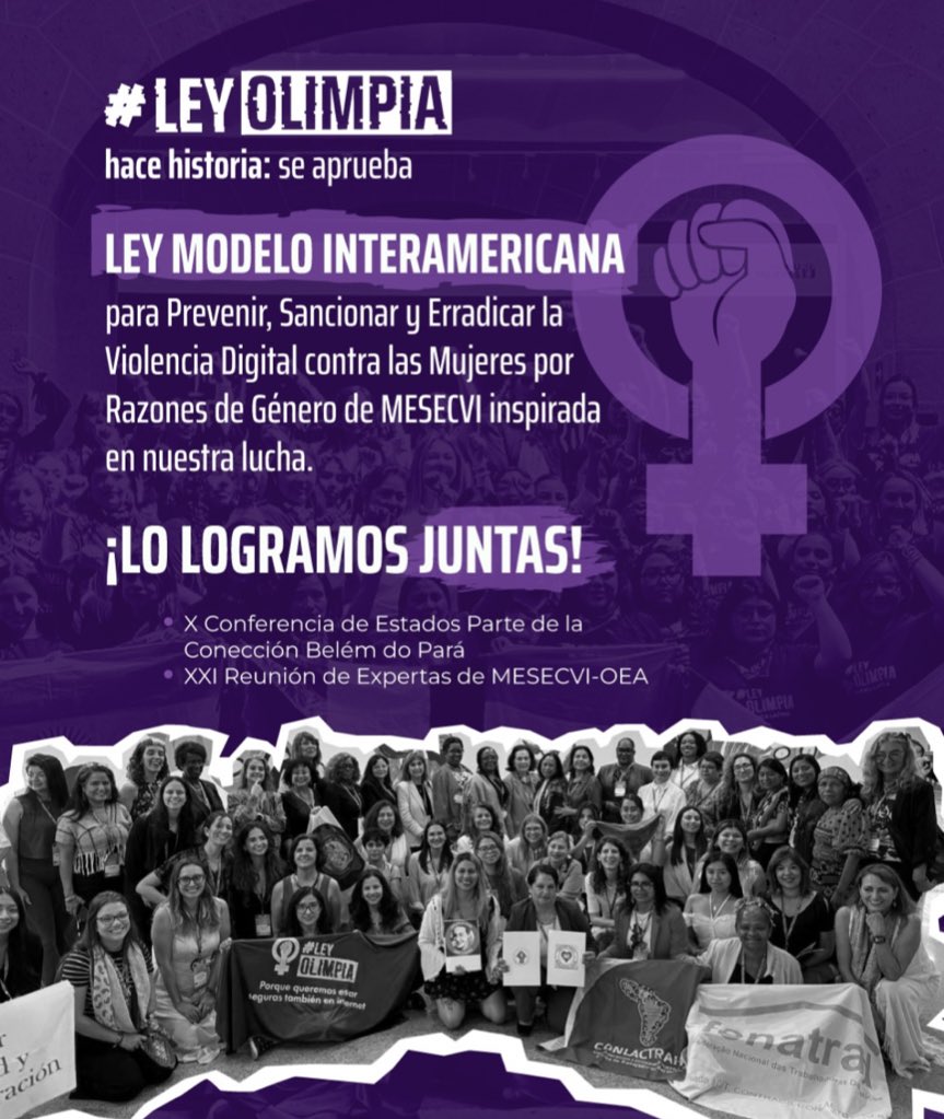 karlis_sanchez's tweet photo. #LeyOlimpia hace historia: se aprueba la Ley Modelo Interamericana para Prevenir, Sancionar y Erradicar la Violencia Digital contra las Mujeres por Razones de Género de @MESECVI inspirada en nuestra lucha. 

#DefensorasDigitales #LeyOlimpia @LeyOlimpiaLATAM 
¡Lo logramos juntas! 💜🔥👏🏼🫶🏼
