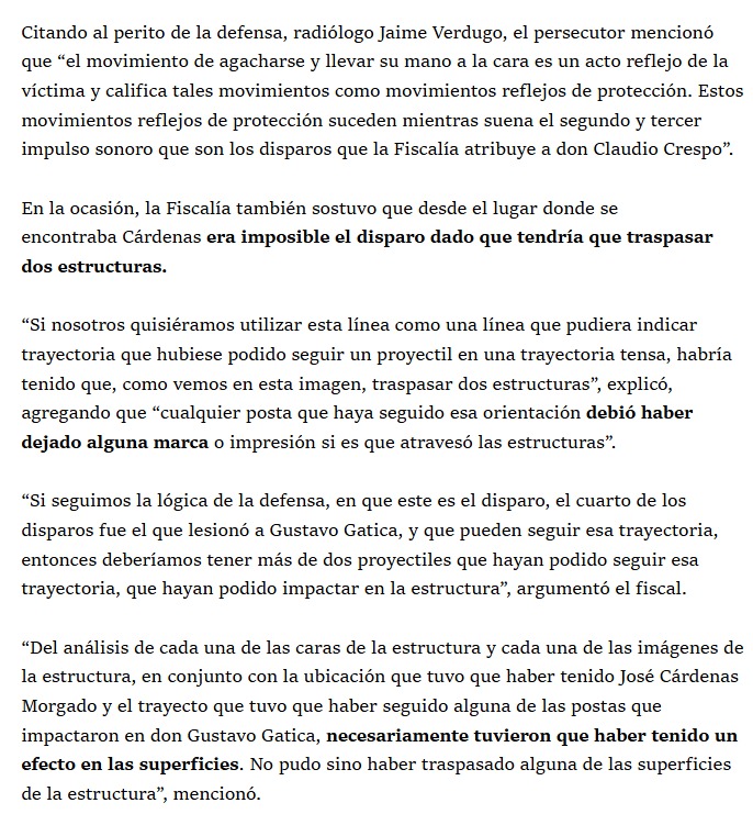 Fiscalía afirma que disparos que dejaron ciego al diputado Gustavo Gatica es la munición del arma utilizada por Claudio Crespo y no del capitán José Cárdenas Morgado, a quien Crespo señala como el responsable de disparar contra gatica.
Los alegatos de clausura, que comenzaron el