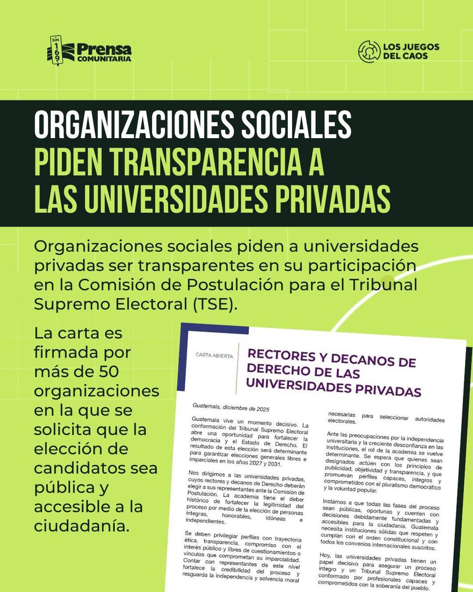 🚨 Organizaciones sociales piden transparencia a las universidades privadas 

Más de 50 organizaciones emitieron un comunicado solicitando a los académicos que participarán en la Comisión de Postulación para el Tribunal Supremo Electoral  que sea procuren un proceso transparente