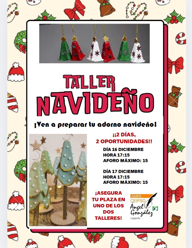 ¡Ven a preparar tu propio adorno navideño y disfruta de la magia de la Navidad! 

🗓️16/12 - 17:15h 
🗓️17/12 - 17:15h 
      🔗 Formulario día 16 : forms.gle/aYBnVNycN613Cm… 
      🔗 Formulario día 17: forms.gle/Z26D3i1tu4qwcf…

#AMPAangelgonzalez