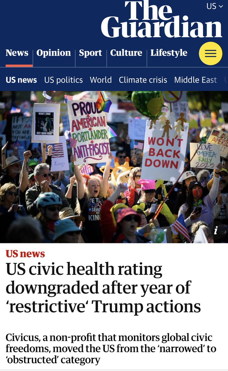 Dsquared306's tweet photo. @factpostnews This is the reason why the Civic Freedom Rating for the US has just been downgraded to “obstructed” from “narrowed” by CIVICUS due to a sharp decline in fundamental freedoms. 

Ps ~ we now share the same rating as El Salvador 😯 https://t.co/3Eg53UQrxg