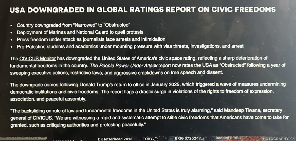 Dsquared306's tweet photo. @factpostnews This is the reason why the Civic Freedom Rating for the US has just been downgraded to “obstructed” from “narrowed” by CIVICUS due to a sharp decline in fundamental freedoms. 

Ps ~ we now share the same rating as El Salvador 😯 https://t.co/3Eg53UQrxg