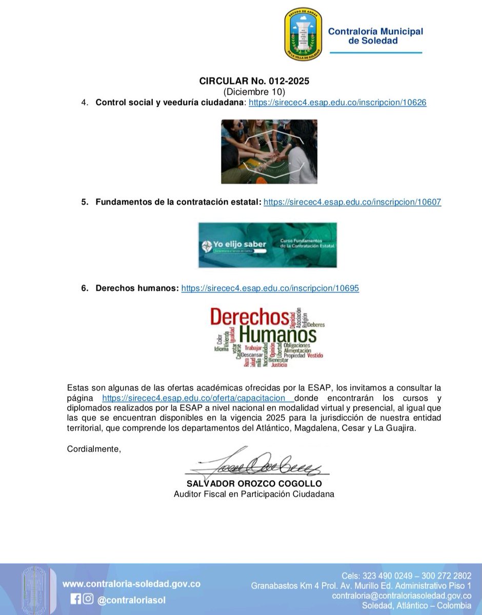Contraloriasol's tweet photo. Invitación a Inscribirse en las Ofertas de formación virtual de autoformación. La Contraloría Municipal de Soledad, en coordinación con la Escuela Superior de Administración Publica ESAP, los invita a Inscribirse en las ofertas de formación virtual y presencial ofrecida. https://t.co/YmnvHr7KeV