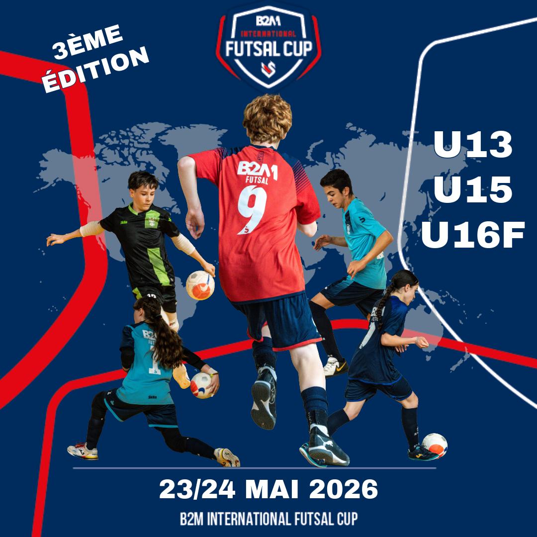b2mfutsal's tweet photo. 3️⃣ B2M INTERNATIONAL FUTSAL CUP

📅 23–24 mai 2026 – près de Paris
👥 U13, U15 &amp; U16F
Des clubs de France, Espagne, Portugal, Italie, Écosse (et plus encore 👀) attendus pour 2 jours de futsal 🔥

Qui viendra défier B2M à la maison ? 😈⚽

#Futsal #B2MInternationalFutsalCup https://t.co/UDMtIUmsPD