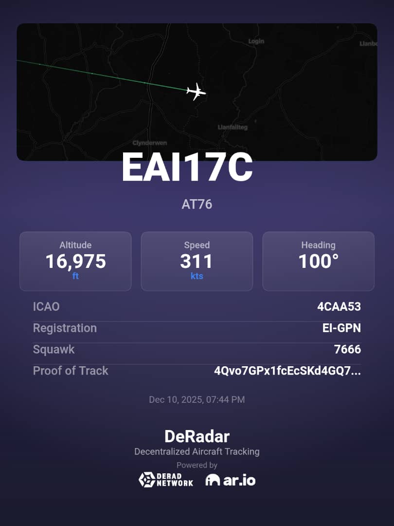 BasyonTech's tweet photo. ✈️ EAI17C

Aircraft: AT76
Altitude: 16,975 ft
Speed: 3111 kts
Heading: 100°

Tracked via DeRadar - Decentralized Aircraft Tracking Powered by @deradnet, @ar_io_network, and @ArweaveEco

#AviationNews | #Derad | #DePIN https://t.co/vGxfaCzehO