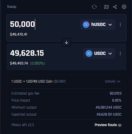 cryptosolv's tweet photo. Nice. 

Hyperlane is a really good option for getting capital on-chain, particularly when the main bridge is clogged. It's fee-free and takes <2 mins to bring effectively unlimited USDC on chain. We have no association with them (or anyone), we just like the product. 

The bridge-derivative it mints on PulseChain is $hUSDC (contract address 0xa5b0d537cebe97f087dc5fe5732d70719caaec1d). At the moment, liquidity is what slightly hampers adoption. The main LP is on @Tidedex with around $210k liquidity, but as TIDE is a Balancer fork it allows stable pools, meaning even with $200k liquidity you can maintain relative price stability when swapping between $hUSDC and $USDC.

The main liquidity pool is earning ~13% APR which isn't too shabby.
Right now with current liquidity you could spend $50k hUSDC with just a little bit of slippage (0.8%) - you'd only get about 0.2% if you spent $20k. The price mismatch also opens up manual arb opportunities for those paying attention - you can swap USDC > hUSDC, bridge out to Ethereum using Hyperlane for free, then come back in through the normal bridge (zero fees) and you've made a small profit. 
It would be nice to see more adoption of hUSDC as an ecosystem. Right now it allows you to on-ramp (and off-ramp) from 7 chains, and we understand Solana support is coming. There are times when the main bridge is struggling and LibertySwap pools run out of capital (temporarily) - they're infrequent, but they do happen. Hyperlane is one of the only reliable alternatives when this happens.