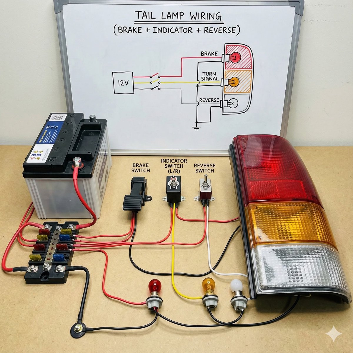 A clear visual and diagram showing how to wire up brake, indicator, and reverse lights. This setup uses a 12V power source, switches for each function, and a fuse box for protection. It's a great practical example of basic automotive electrical circuits.