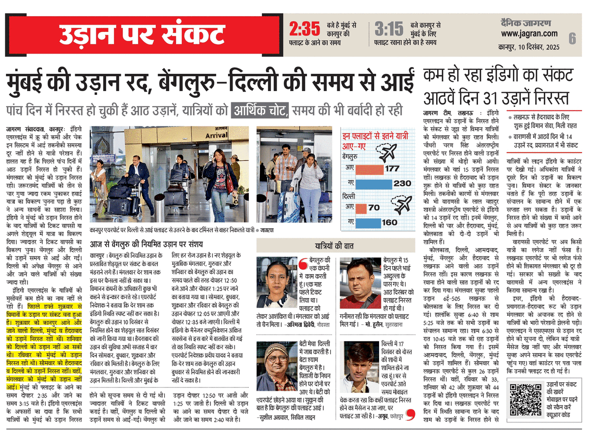 JagoKanpurJago's tweet photo. मुंबई की उड़ान रद, बेंगलुरु-दिल्ली की समय से आईं
पांच दिन में निरस्त हो चुकी हैं आठ उड़ानें, यात्रियों को आर्जिक चोट, समय की भी बर्बादी हो रही
#IndiGo #IndiGoChaos #IndiGoCrisis #IndiGoDelay #IndiGoAirlines #FlyIndiGo #6E #always6E #DGCA #Kanpur #KanpurAirport #Chakeri #Ahirwan #KNU #JagoKanpurJago