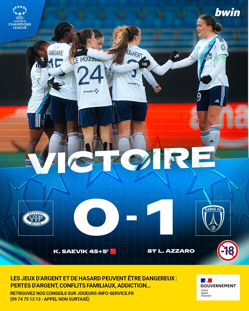 90+6' 𝐕𝐈𝐈𝐈𝐂𝐓𝐎𝐎𝐎𝐎𝐈𝐑𝐄 💙

Nos Parisiennes s'imposent en Norvège et se qualifient pour les barrages de l'<a href="/UWCL/">UEFA Women’s Champions League</a> 🥰

🎟️ Prochain match à domicile face au FC Barcelone à Jean Bouin : billetterie.parisfc.fr/selection/even…

0️⃣-1️⃣ #VALPFC