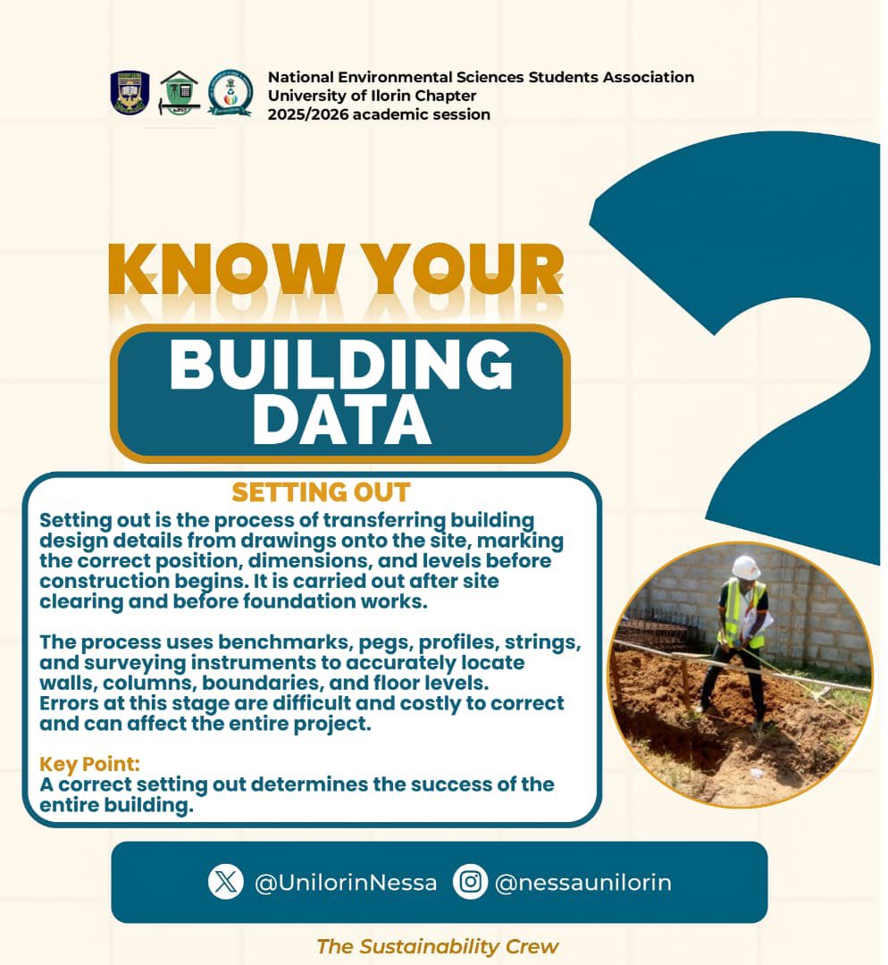 UnilorinNessa's tweet photo. Know Your Building Data👷🏽✨

On Today's segment, We are looking at what *Setting Out* means, instruments used and its importance.☺️🤏🏽

#BuildingData
#BuiltEnvironment
#InformingNESSA

©️Sustainability Crew https://t.co/4REBrQvPiQ
