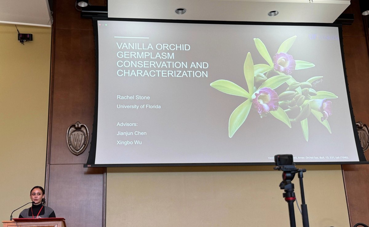 UFMREC's tweet photo. Grad student Rachel Stone, under Dr. Jianjun Chen, received a travel grant to attend the 15th Annual Plant Science Symposium at @uwmadison. She presented her #vanilla research on improving tissue culture techniques and breeding fungus-resistant cultivars. https://t.co/ihkK6kj62g