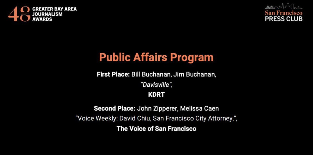 At last night's SF Press Club awards, Melissa Caen &amp; I picked up 2nd place for our interview with SF City Attorney <a href="/DavidChiu/">David Chiu</a>, at <a href="/TheVOSF/">The Voice of San Francisco</a>.

I wasn't there, but I am thrilled to see 2 great journalists I know won lifetime achievement awards: <a href="/cmarinucci/">Carla ‘Bluechecked’ Marinucci</a> &amp; <a href="/SovernNation/">Doug Sovern</a>!