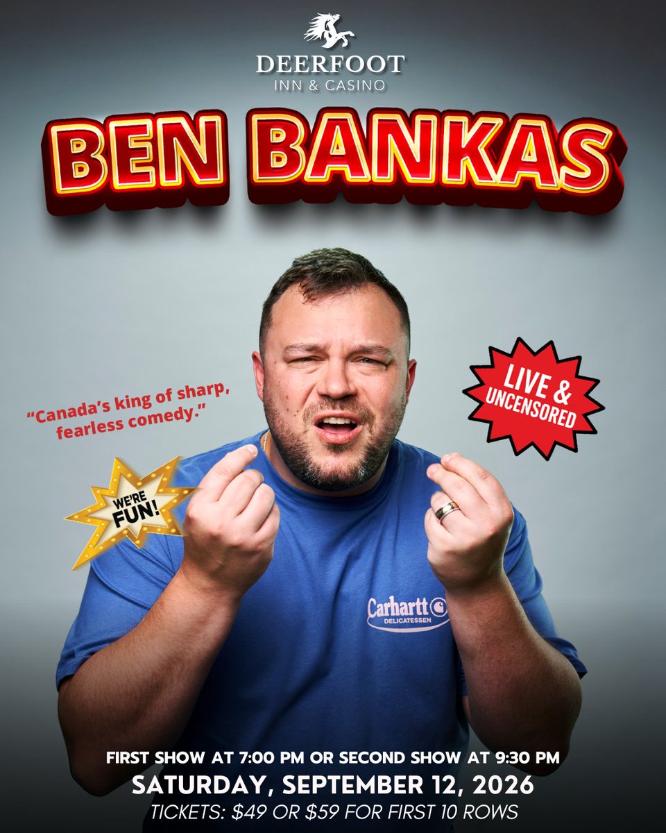 📣 ANNOUNCEMENT!
🔥 BEN BANKAS is back at Deerfoot Inn &amp; Casino for back-to-back shows — LIVE &amp; UNCENSORED in the Chrome Showroom! Don’t miss Canada’s king of sharp, fearless comedy!

📅 Saturday, September 26, 2026
⏰ First Show: 7:00 PM &amp; Second Show: 9:30 PM
🎟 Tickets: $49 or
