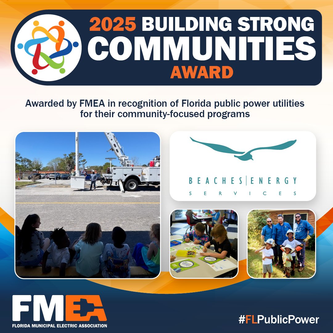 flpublicpower's tweet photo. Congrats to @BeachesEnergy for receiving a 2025 Building Strong Communities Award from FMEA in part to their commitment to the environment & their #FLPublicPower community through educational programs such as #CleanDarkFlat, the Monster Detective Collective, CARE, & more. https://t.co/Q9ak3vdHiQ