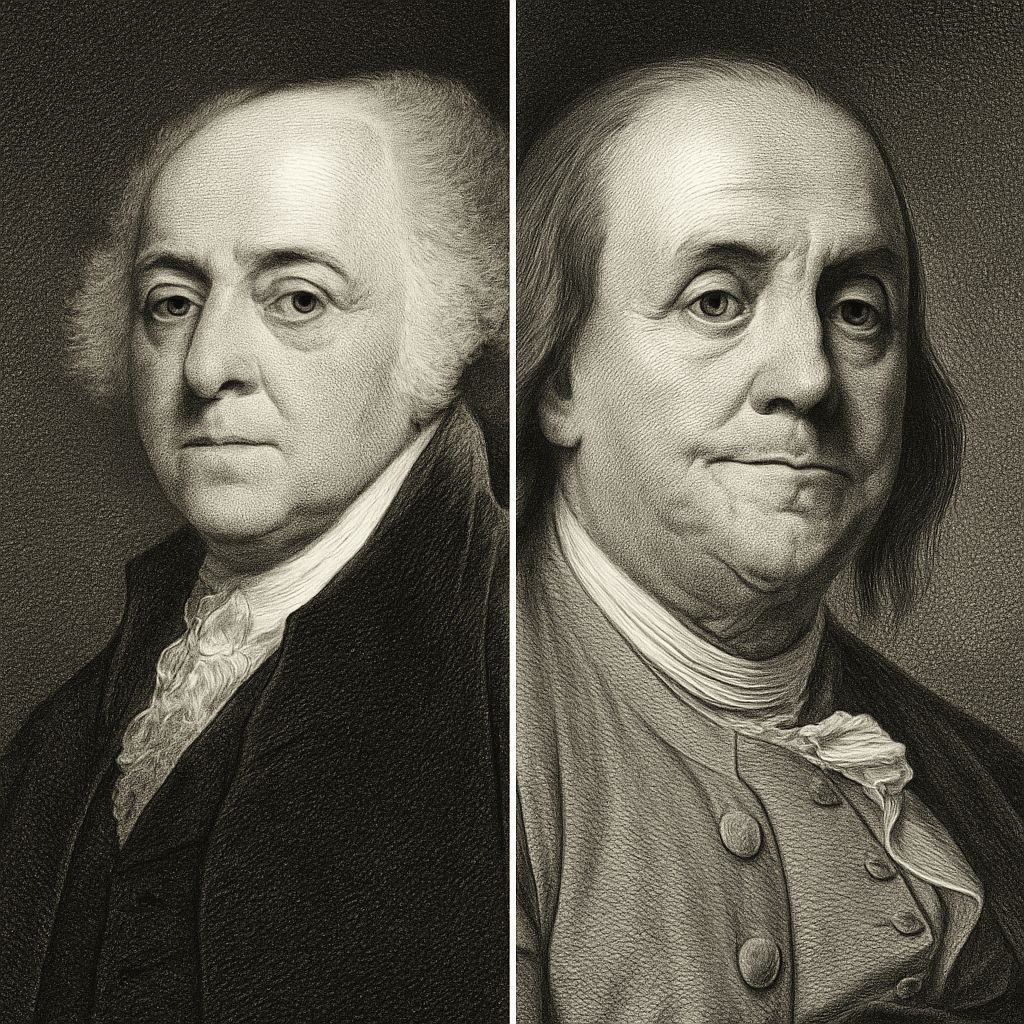 John Adams and Benjamin Franklin served together on diplomatic missions in France during the Revolution — two strong personalities who often clashed, yet ultimately worked toward the same goal. Their partnership helped secure crucial alliances and support that kept the American
