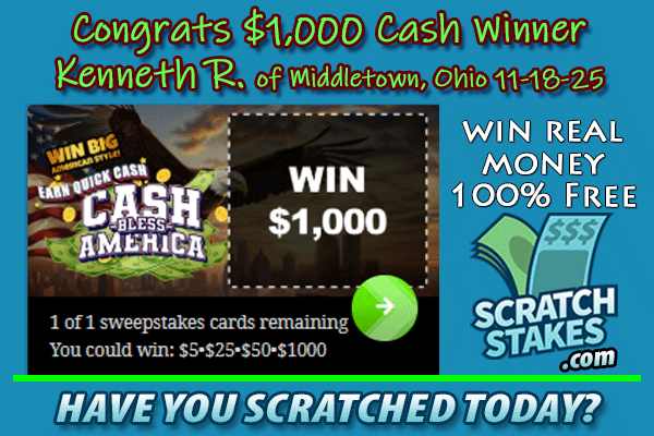 scratchstakes's tweet image. 🥳Congrats, $1,000 Cash Bless America #Winner, Kenneth R. of Middletown, Ohio!💸🏆

🤑Play 80 FREE #scratchoff #games, #win FREE Instant Cash up to $25,000!
🏆Enter to win a $299,999.99 Cash Jackpot!

🤔Have you scratched today?
👉 ow.ly/6LFn50XGxPr