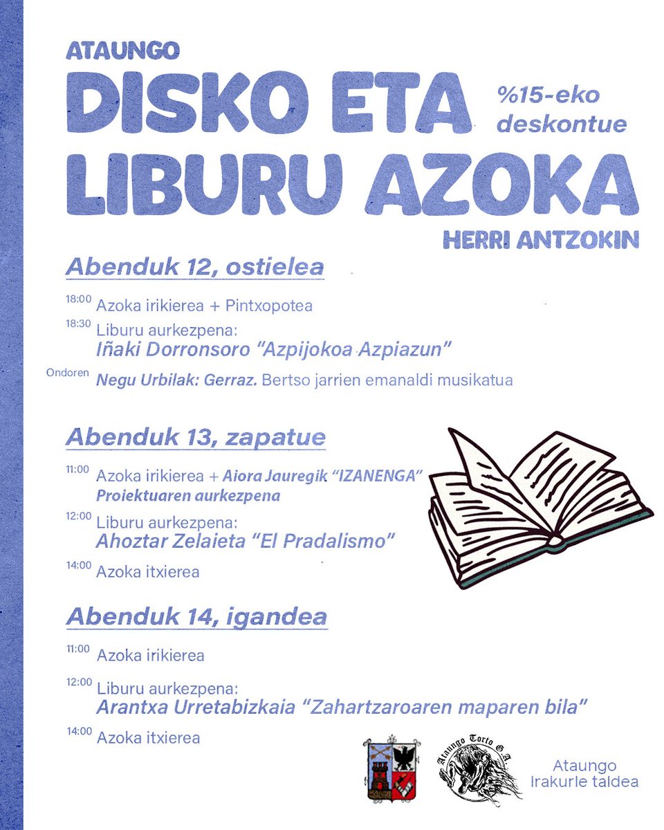 📚💿📚💿

Egitarau politt bat antolau deu hiru eunetan zehar, hainbat liburu aurkezpenekiñ eta bertso musikatun emanaldi batekiñ betez asteburue 💃✨

Honez gaiñ, %15eko deskontue izango dezue bertako liburu eta diskotan, beaz, aprobetxau gabonetako opari polit bat eosteko 🤨🫵