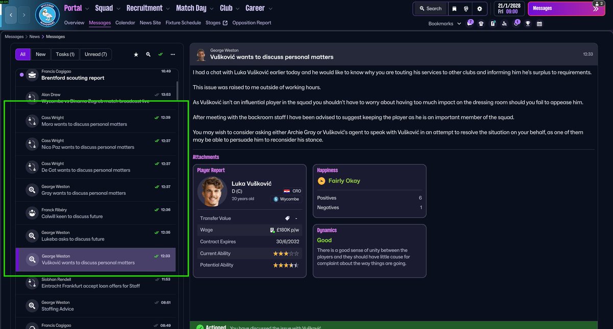 adamread's tweet photo. A new game breaking bug @FM_Assist #fm26. After the newest update players randomly getting set as surplus to requirements and offered out after each game, ffs https://t.co/WOsIubwt32