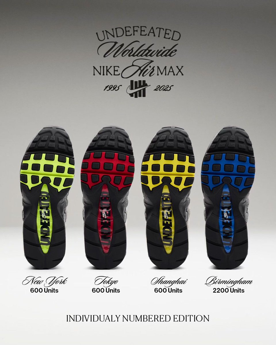 ModernNotoriety's tweet image. UNDEFEATED x Nike Air Max 95 "City Pack"

• NYC, Tokyo, Shanghai, Birmingham
• Individually Numbered
• In-Store Only