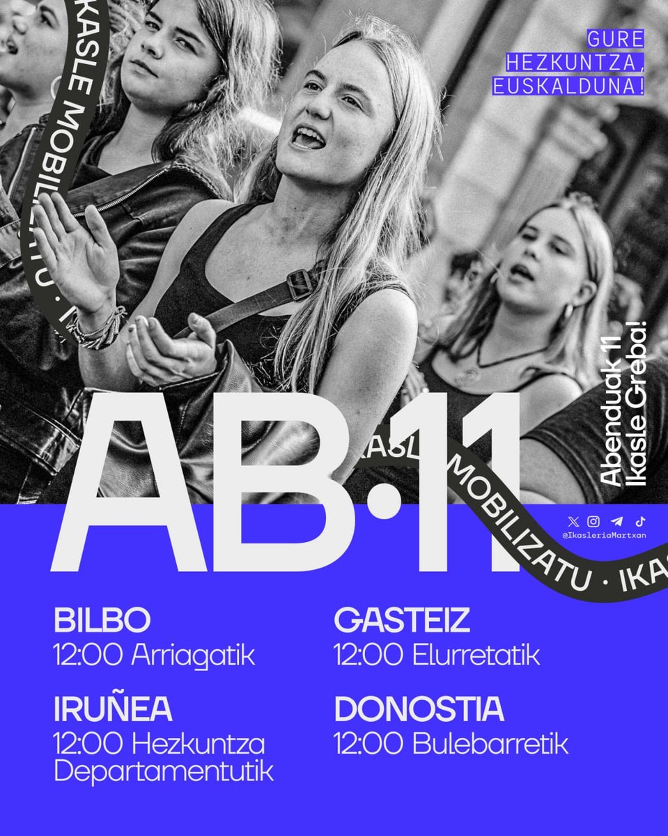 Bihar, Ikamak grebara deitu ditu
Arabako, Bizkaiko, Gipuzkoako
eta Nafarroako ikasleak
Hezkuntza euskaldun baten alde!  🔥
Guk ere bat egiten dugu deialdiarekin.
Gora hezkuntza euskalduna!✊