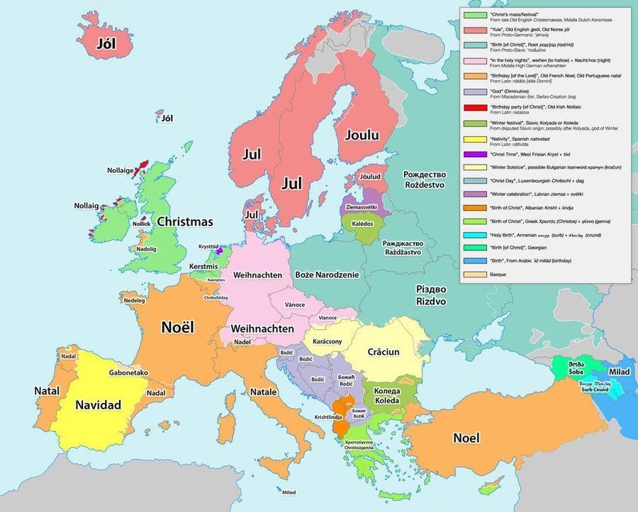 Traveling over Christmas? Get your seasons greetings right: Linguistic map shows the word for Christmas across Europe. Source: buff.ly/37fLRG9