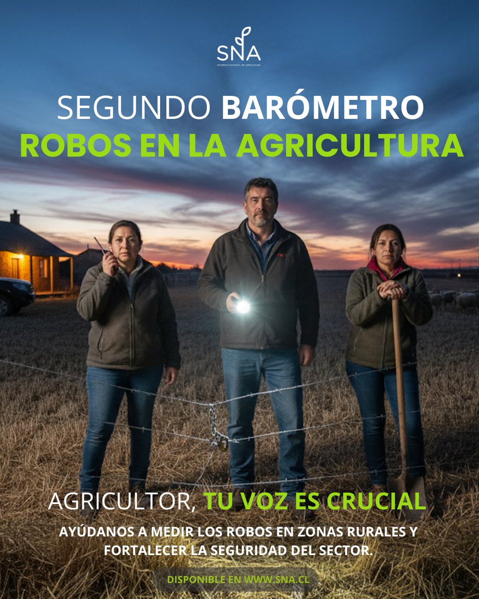 SNA_Chile's tweet image. Ya está disponible la 2ª versión del Barómetro de Robo Agrícola. La delincuencia sigue golpeando al campo y necesitamos datos reales para fortalecer acciones en defensa de los agricultores. Tu participación es clave.
👉 Responde aquí: es.surveymonkey.com/r/robo_agricol…