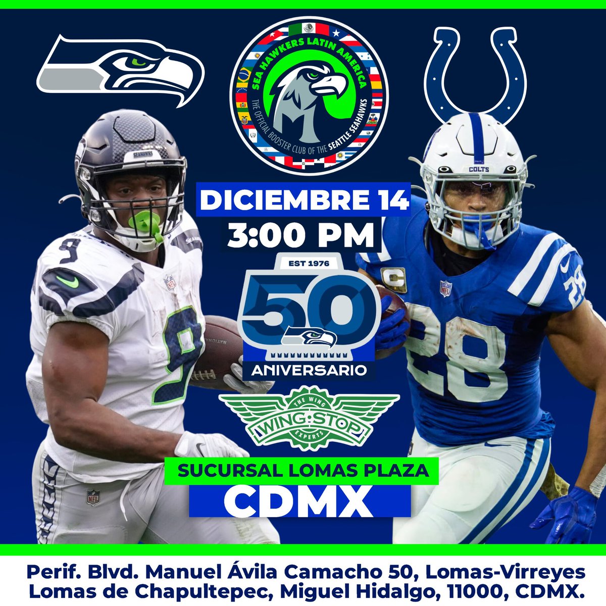 🚨CDMX 🇲🇽🚨
🗣️llamado a todos los <a href="/12s/">12s</a> de Ciudad de México 🇲🇽A nuestra reunión para ver el juego este próximo Domingo 14 de Diciembre entre @seahawks VS @colts  en el Nido oficial @wingstopmex  Sucursal “LOMAS PLAZA” 
<a href="/12s/">12s</a> <a href="/Seahawks/">Seattle Seahawks</a> <a href="/FOXSportsMX/">FOX Sports MX</a> 
No te lo pierdas‼️