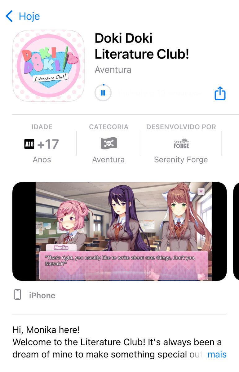 giomounoir's tweet image. ATENÇÃO GALERA DOKI DOKI TA OFICIALMENTE DISPONIVEL PRA CELULAR DE FORMA GRATUITA!!!!!!!!!