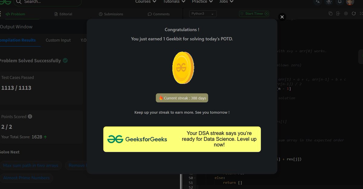 akashasahu07's tweet image. Day - 388
Construct an array from its pair-sum array Problem
💡 Learning never stops. Today’s GeeksforGeeks POTD done — building skill, not just streaks. #geekstreak2025 #GFGPOTD #KeepCoding