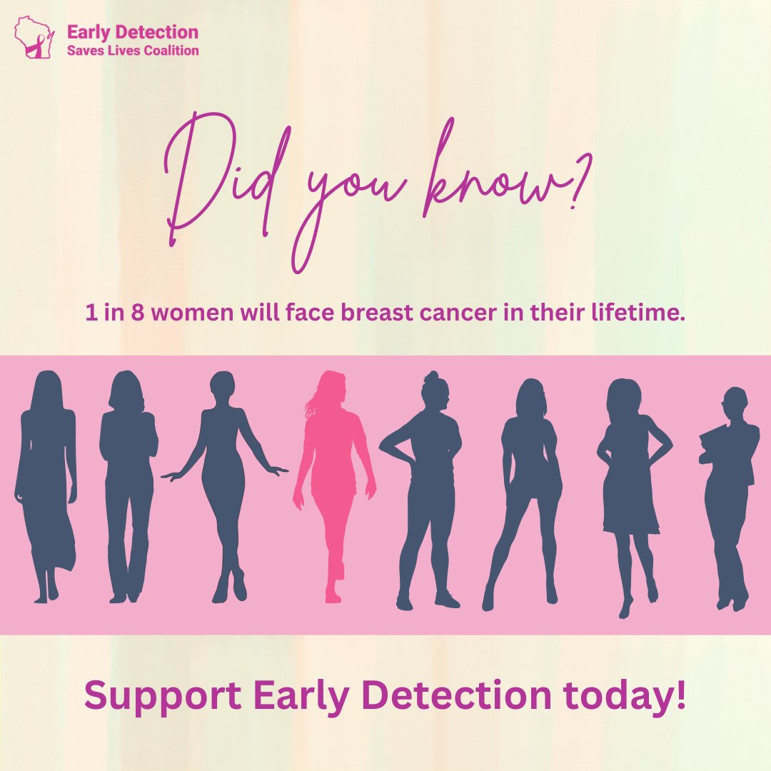 DetectEarlyWI's tweet image. Did you know?

1 in 8 women will face breast cancer in their lifetime.
Early detection saves lives -- regular screenings are key to catching it early. Breast cancer doesn’t just affect one woman -- it touches mothers, daughters, friends, and loved ones.

#BreastCancerAwareness