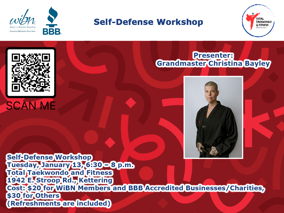 Women in Business Networking (WiBN), a program of Better Business Bureau serving Dayton/Miami Valley, is hosting a workshop titled Empower &amp; Defend, featuring Grandmaster Christina Bayley. Make plans today to join us…
cognitoforms.com/BBBForms/WiBNS… 

#BBBDayton #WiBN
