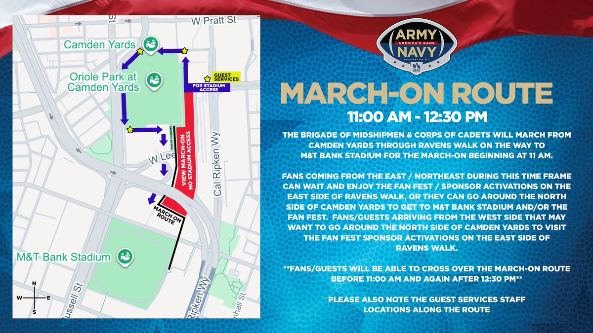 ⚠️ Saturday's March-On Route⚠️

The Brigade of Midshipmen &amp; Corps of Cadets will march from Camden Yards through Ravens Walk on the way to the Stadium for the March-On beginning at 11 am.

#ArmyNavy

Read More⤵️