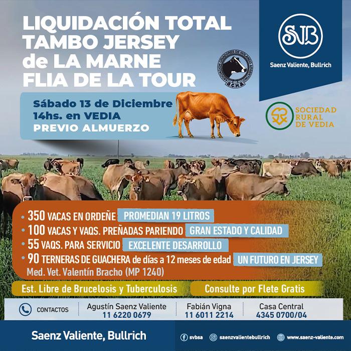 Les compartimos información del Remate Jersey organizado por la firma Saez Valiente, Bullrich el proximo sábado 13 en la Sociedad Rural de Vedia con el Auspicio de ACHA.