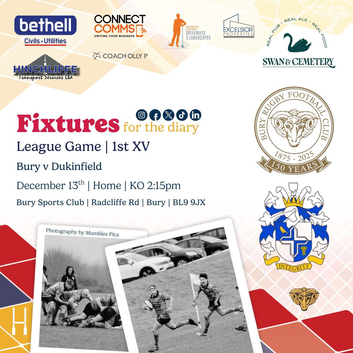 Buryrufc's tweet photo. 📣 Fixtures 📣

All teams are back in action this weekend! Our 1s welcome Dukinfield to Radcliffe Road and our 3s welcome Burnley 2s. Whilst our 2s travel to North Manchester.

1st XV 📸 by Mumbles Pics 
2nd XV 📸 by Favour Photos 

#Bury #BuryRUFC #grassrootsrugby #rugbyunion https://t.co/NejY5TLefD