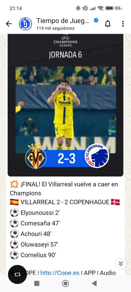 MACUTejerina39's tweet photo. @tjcope corregir lo del canal de WhatsApp la foto está bien pero habéis escrito que el Villareal a vuelto a caer  y habéis puesto 2 A 2 https://t.co/a2q3Fmn8TA