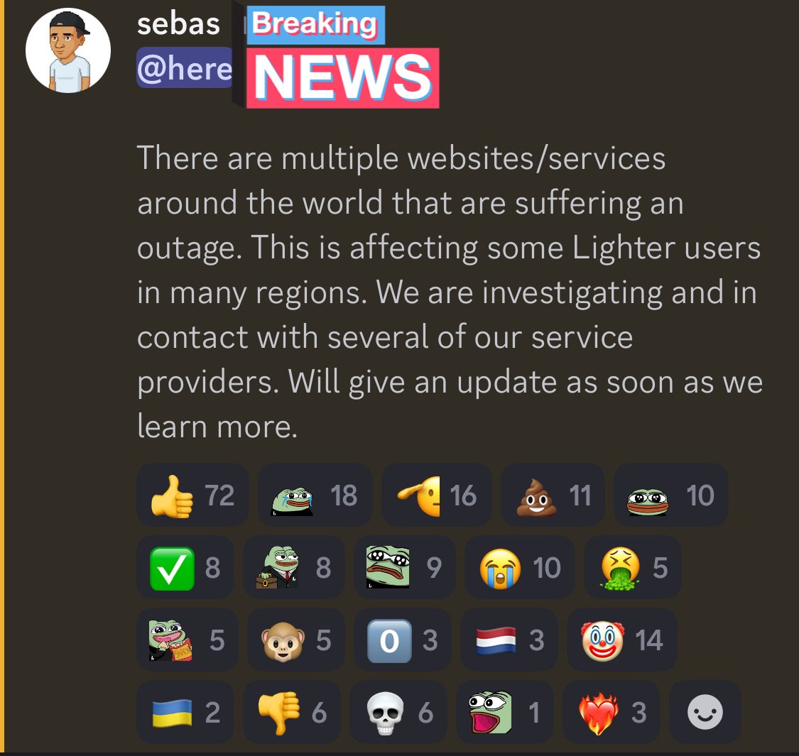 NEW: LIGHTER DEX ANNOUNCES “THERE ARE MULTIPLE WEBSITES/SERVICES AROUND THE WORLD THAT ARE SUFFERING AN OUTAGE. THIS IS AFFECTING SOME LIGHTER USERS IN MANY REGIONS”

SOURCE: discord.com/channels/98739…