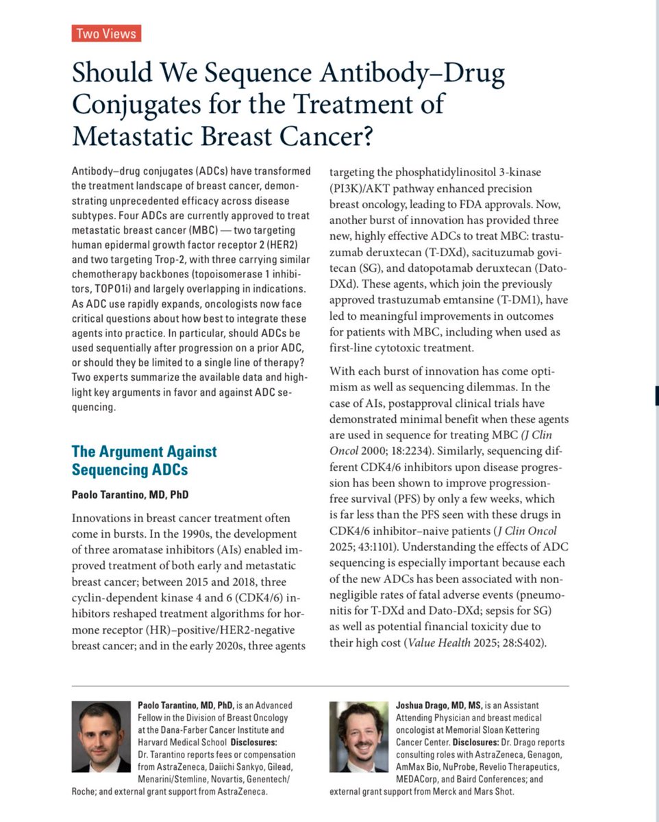 PTarantinoMD's tweet photo. The billion dollar question: should we sequence ADCs for treating MBC? Proud to join @JoshDragoMD in this @NEJM debate, where we review the data in support and against the sequential use of ADCs. Open access — read it here: https://t.co/Czm66bL7vF https://t.co/usb1YlVKJX