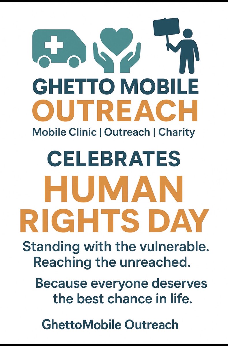 Happy Human Rights Day!

At Ghetto Mobile Outreach, we believe healthcare, dignity, and opportunity are basic human rights.
Today we stand with the vulnerable and reach the unreached.

🚑💙 Everyone deserves the best chance in life.
#HumanRightsDay #GhettoMobileOutreach