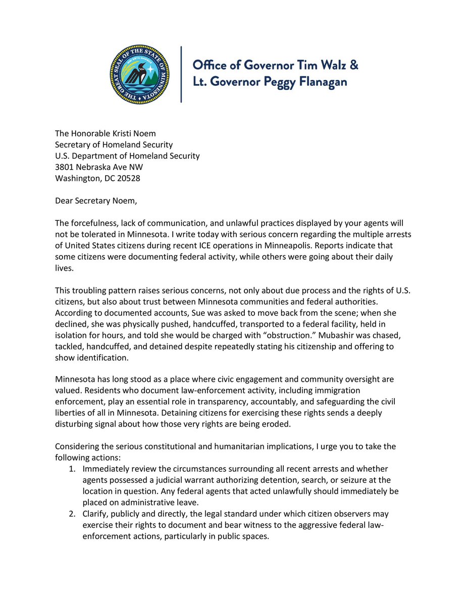 GovTimWalz's tweet image. Multiple U.S. citizens have been arrested during ICE operations. 

The forcefulness, lack of communication, and unlawful practices displayed by federal agents will not be tolerated in Minnesota.