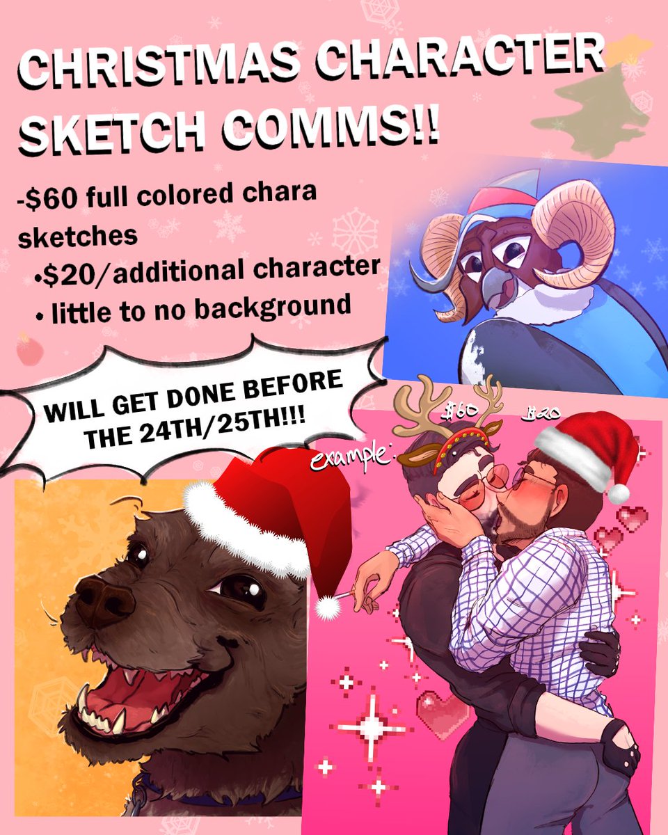 🎄tis the season to get a holiday themed c0mm for chrimmus from biiiiirb, falalalalalala~~

5 slots are now open for HOLIDAY RELATED CHARACTER SKETCHES ONLY- first come first serve!! gettem while it's HAWT🌟✨

have any xtra questions? dm me and we can talk abt it :)