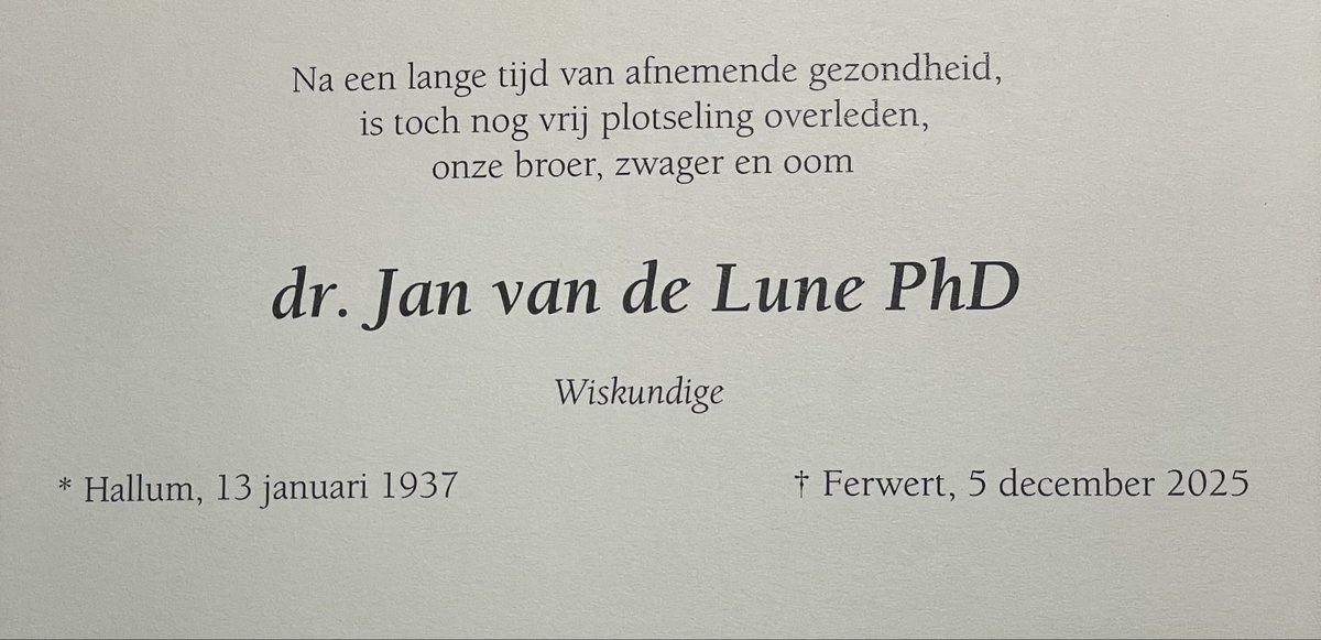 Lieve Jan, Een prachtig leven, geheel in het teken van de wetenschap. Vandaag hebben wij liefdevol afscheid van je genomen. Rust zacht 🥲