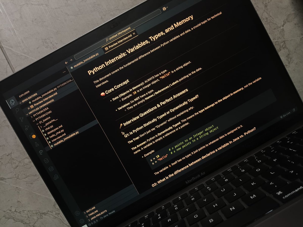 Udayini_Khushi's tweet image. Day 2/25: DSA Transition 

Python mode: ON! 🐍

• Revised notes (#CodeWithHarry) 📚
• Watched 8 videos (#ChaiaurPython)+ added insights ✍️@Hiteshdotcom
• Started Time Complexity (45m) but only got halfway. 

Consistency &amp;gt; Speed. We move!😤

 #Python #DSA #ChaiAurCode