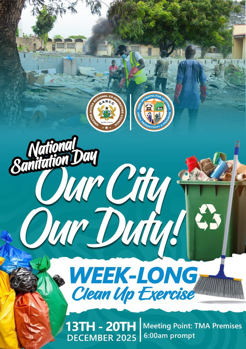 AssemblyTema's tweet image. OUR CITY OUR DUTY!!!!
Join the week, clean-up exercise concerns all of us. Every household, every business, every shop, every institution, every resident of Tema is called upon to join. Step out, clean your surroundings, and help beautify our city. A cleaner Tema begins with YOU.