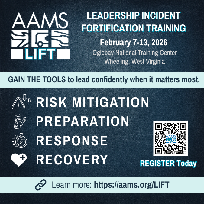 AAMS's tweet image. 🚨 LIFT26 | Feb 7–13:  High-impact events require timely, informed responses to reduce trauma &amp;amp; support recovery for crews, survivors, families, and communities.
🔗 Register now: aams.org/LIFT