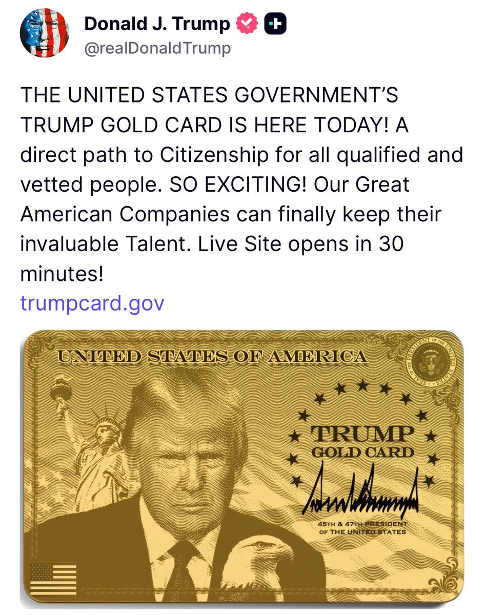 Sec_Noem's tweet image. The Department of Homeland Security is working closely with @CommerceGov to facilitate the rollout of President Trump’s Gold Card program.

Under this historic initiative, qualified individuals and corporations, who contribute $1 million and $2 million respectively, will receive…