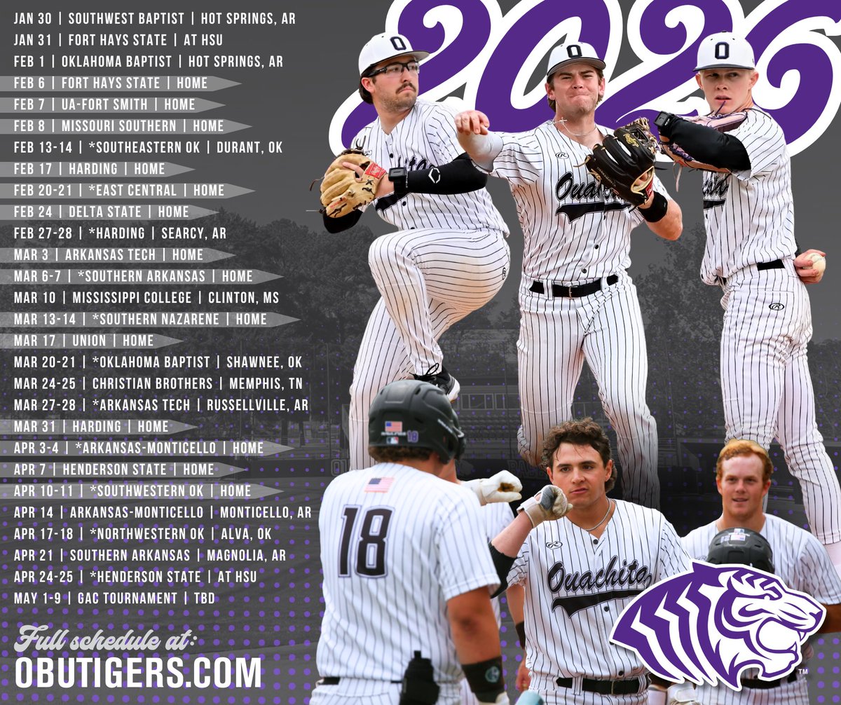 OuachitaBSB's tweet image. The boys of spring are ready for 2026! Full schedule available now at OBUtigers.com!

#RollTigs | #BringYourRoar🐅