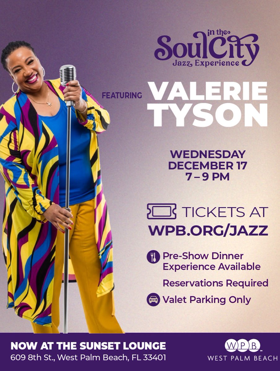 𝙎𝙤𝙪𝙡 𝙄𝙣 𝙏𝙝𝙚 𝘾𝙞𝙩𝙮 returns to the Sunset Lounge next Wednesday, December 17 with South Florida’s own Valerie Tyson. From 7–9 p.m., immerse yourself in her vibrant mix of soul, R&amp;B, jazz, and funk.

Learn more: WPB.org/jazz

#wpbARTS 
#ThePalmBeaches
